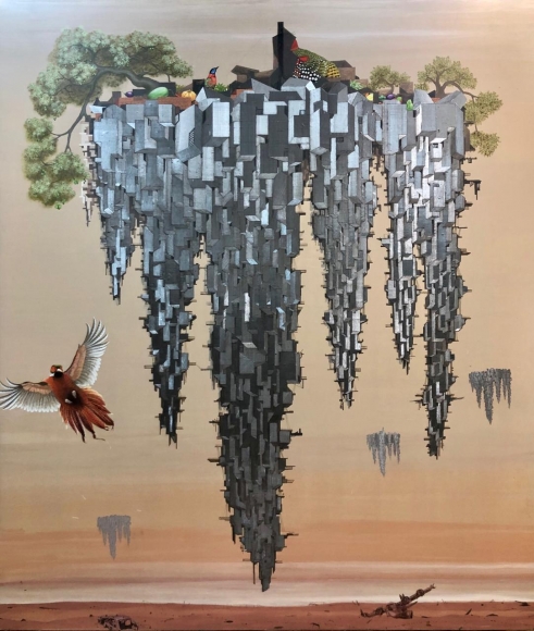 Jagannath Panda (b.1970) Where city meets Sea-1, 2018 Acrylic, Fabric, glue. 90h x 78w in