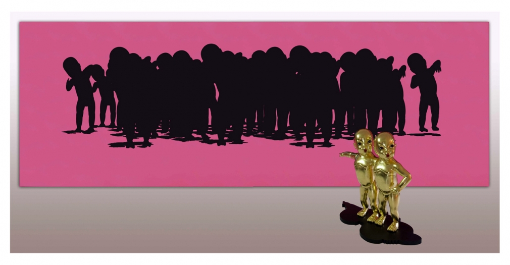 Chintan Upadhyay (b.1972) WHO IS RESPONSIBLE FOR MY LOST FRIENDS? (Diptych) 2008 Painting - Oil and acrylic on canvas 84 x 240 in. Sculpture - Fiberglass with gold leaf 36 x 48 x 24 in.
