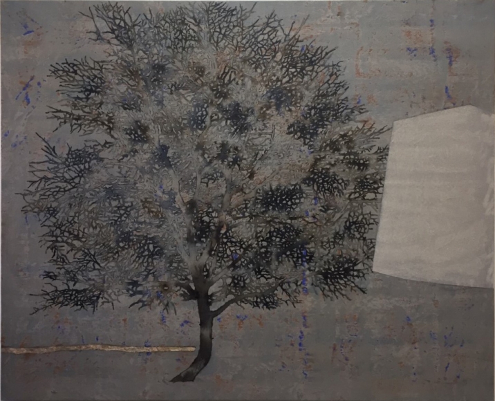 G. R. Iranna Tree (grey), 2017 Acrylic on tarpaulin 54h x 66w in