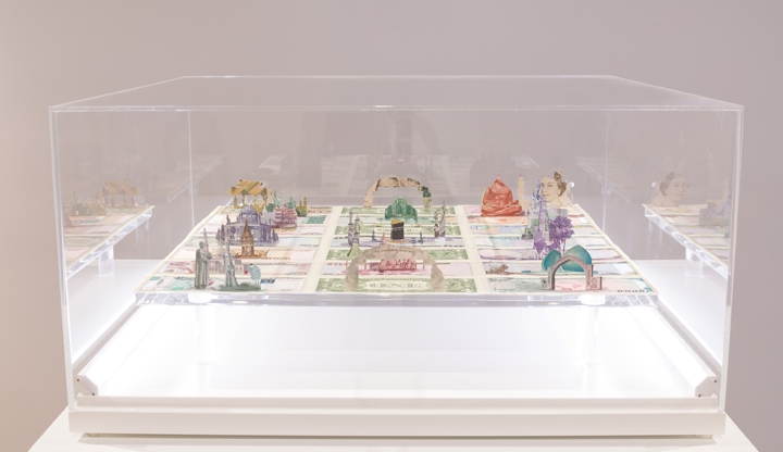 Abdullah M. I. Syed Moneyscape V: Temenos, 2017 Hand-cut and assembled various uncirculated banknotes in custom light-box vitrine 22h x 22w x 10d in