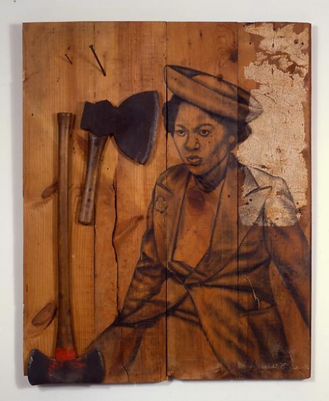 Cut, 2008 Conte crayon and wall paper on wood, axes, nails
