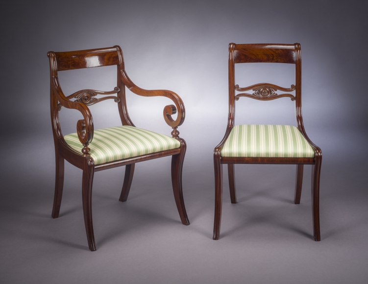 Set of Eight Klismos-form Dining Chairs (two arms and six sides), about 1820, New York ?