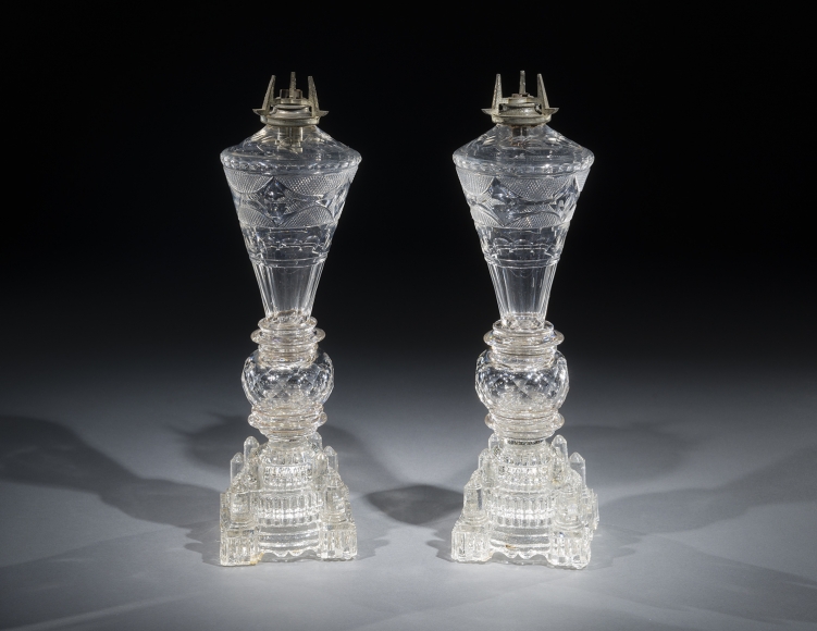 Pair Clear Blown and Cut Whale Oil Lamps, about 1830&ndash;35, Attributed to Boston &amp;amp; Sandwich Glass Company, Sandwich, Massachusetts (active 1825&ndash;88)