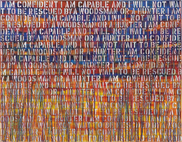 Ghada Amer, The Hunter-RFGA, Acrylic, embroidery, an gel medium on canvas, text reads, "I am confident I am capable and I will not wait to be rescued by a woodsman or a hunter" by Jackson Pearce
