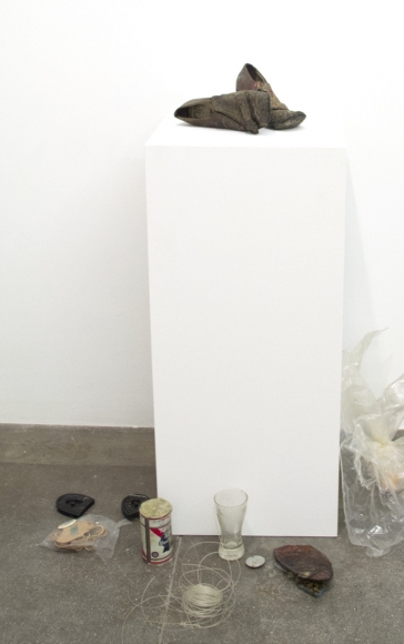 Barbara T. SmithHoly Squash, 1971Digital video transfer, altar berglass drawing and cast test tubes, bag with foam, spacing material in bag, plastic drop cloth with overspray, 3 foam sheets with overspray, 4 foam sheets, reliquary, sound, staff with berglass hand, old shoes used during production, miscellaneous items from production, shirt used during production, The Holy Squash and plastic casting of original offering owersDimensions variable 