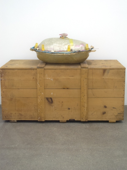 Barbara T. SmithHoly Squash, 1971Digital video transfer, altar berglass drawing and cast test tubes, bag with foam, spacing material in bag, plastic drop cloth with overspray, 3 foam sheets with overspray, 4 foam sheets, reliquary, sound, staff with berglass hand, old shoes used during production, miscellaneous items from production, shirt used during production, The Holy Squash and plastic casting of original offering owersDimensions variable 