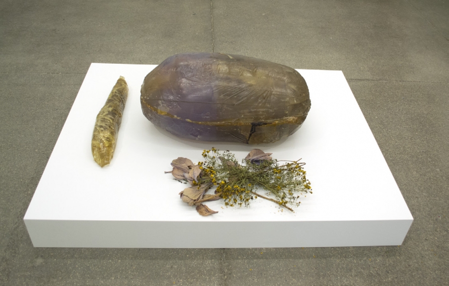 Barbara T. SmithHoly Squash, 1971Digital video transfer, altar berglass drawing and cast test tubes, bag with foam, spacing material in bag, plastic drop cloth with overspray, 3 foam sheets with overspray, 4 foam sheets, reliquary, sound, staff with berglass hand, old shoes used during production, miscellaneous items from production, shirt used during production, The Holy Squash and plastic casting of original offering owersDimensions variable 
