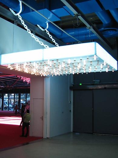 Marquee 2009 10 mm acrylic translucent glass, steel frame, approximately 200 white light bulbs, neon tubes