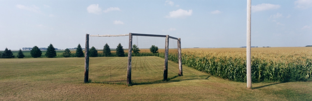 Baseball backstop, cornfield, highway 50, Stearns County, Minnesota