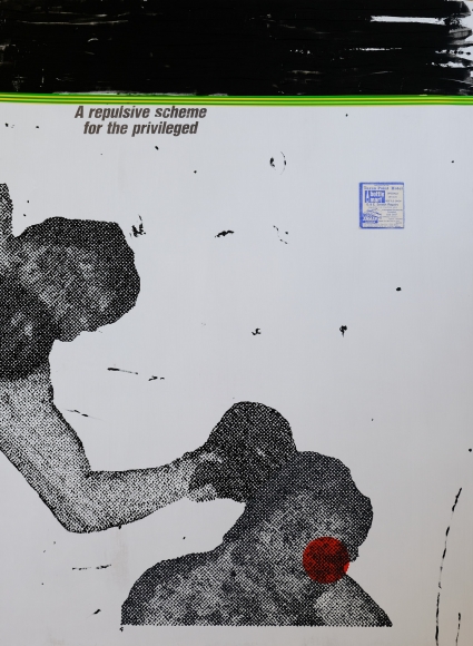 Jacob Boylan Bloodsport, 2020 Acrylic, silicon, electrical tape & collage on plywood 121h x 90w cm