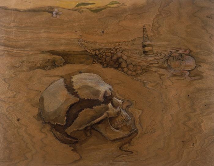 Ingrown, 2005 ink and colored pencl on wood veneer