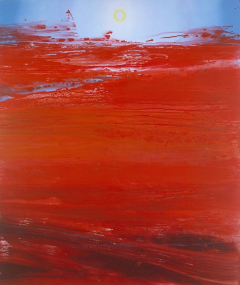red flood painting with a visible sun by barnaby furnas