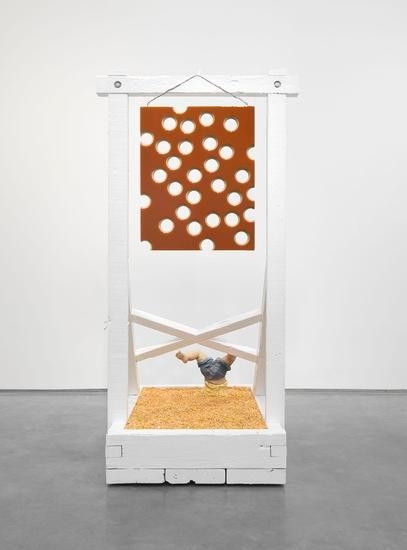 Lot 050816 (honey shot and corn), 2016, Pigmented epoxy resin on linen and wood panel support, acrylic painted wood contraption, with hardware and corn