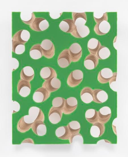 Lot 071716 (moss green), 2016, Pigmented epoxy resin on linen and wood panel support with steel tubing