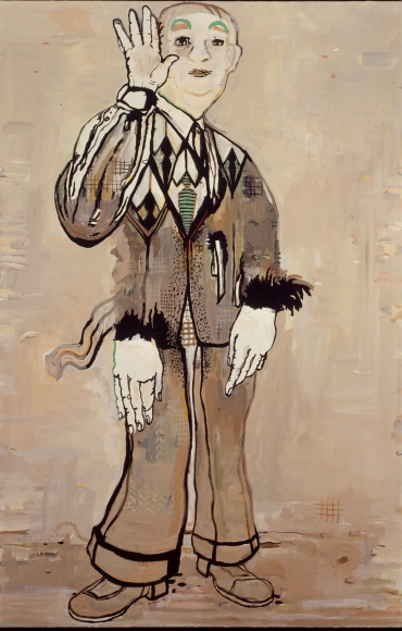 portrait of a man with three hands by hannah van bart