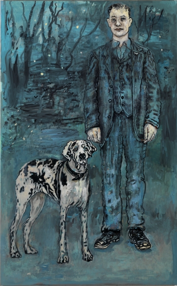 portrait of a man in blue with a dalmatian dog by hannah van bart