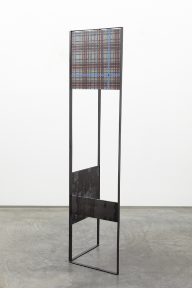 sculpture by melissa gordon with black steel frame and patterned wood panels