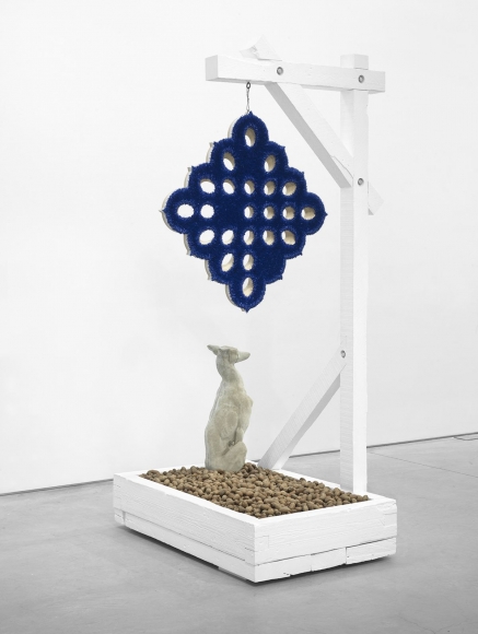 Lot 040616 (cobalt and pecans), 2016, Oil on linen with wood panel support, acrylic painted wood contraption, with hardware and pecans 