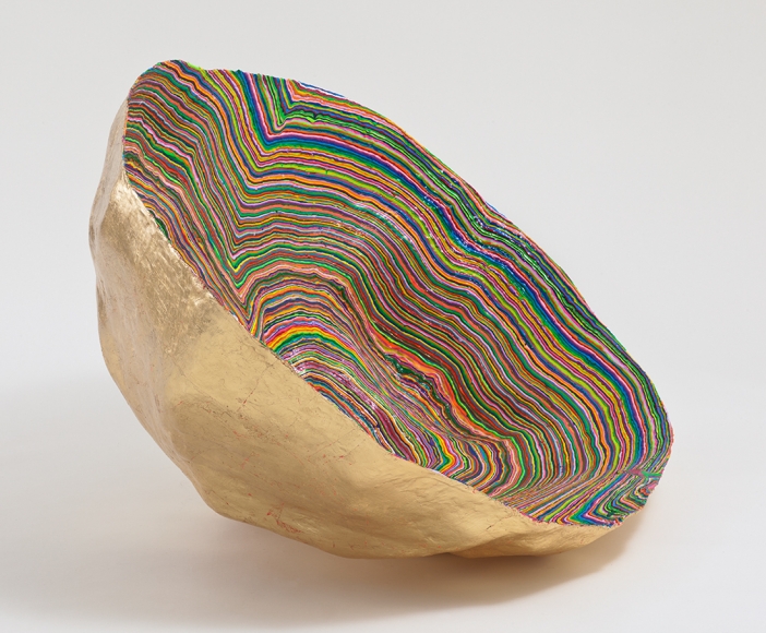 gold ceramic bowl by mindy shapero with multi colored interior