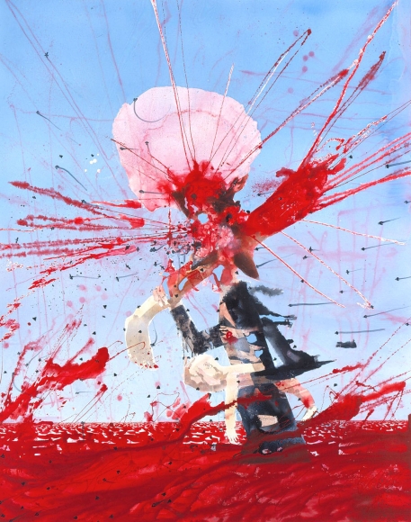 painting with red splash and blue background by barnaby furnas