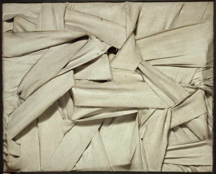 an artwork made of bandages by artist salvatore scarpitta