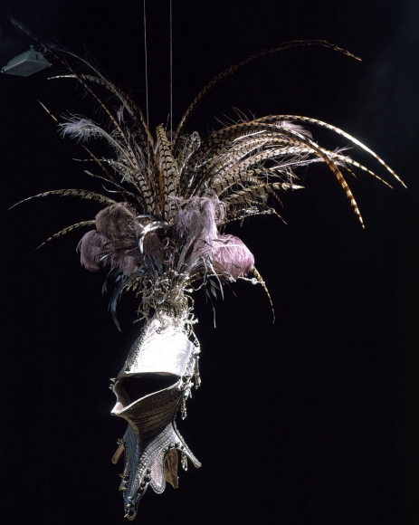 black embroidery with helmet and feathers by angelo filomeno