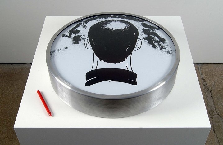Baldo, 2006, Paper, ink, aluminum, iron shavings, magnet, and glass