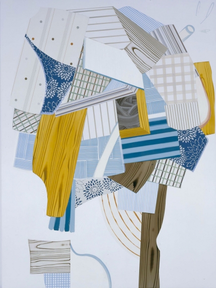 abstract painting with logs and blue and beige shapes by kevin appel