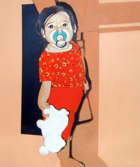 portrait of a toddler with pacifier and stuffed animal by franziska holstein