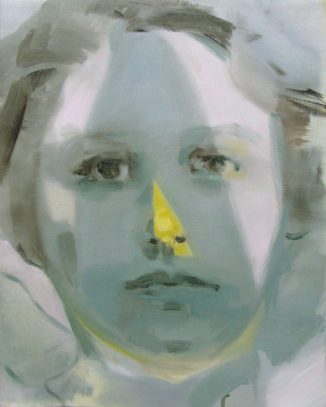 portrait of a woman in blue with yellow on her nose by kaye donache