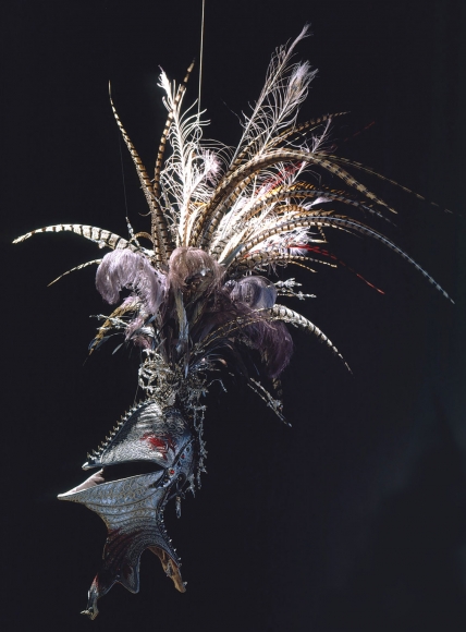 black embroidery with helmet and feathers by angelo filomeno