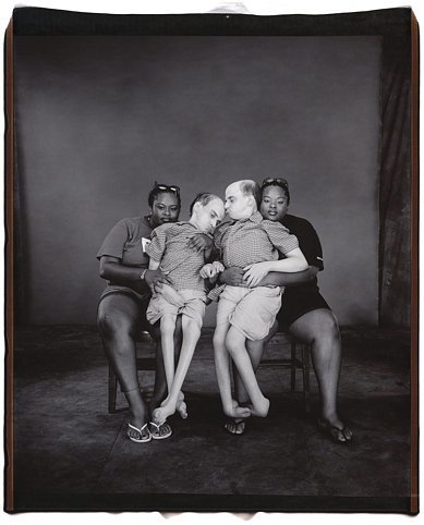 Bruce and Brian Kuzak, with their nurses, Teresa and Tillie Merriweather, 2001, Unique polaroid
