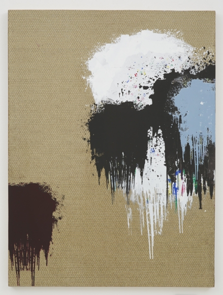 painting with red, blue, and white nebulous abstractions by andisheh avini