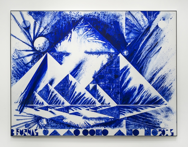 the first morning, a painting of mountains in blue by barnaby furnas in a nyc art gallery