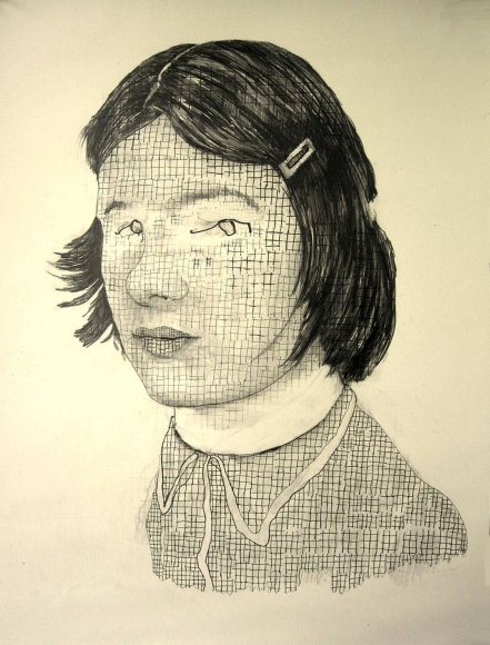 a drawing of a girl's face with a grid overlay by Dutch artist Hannah van Bart
