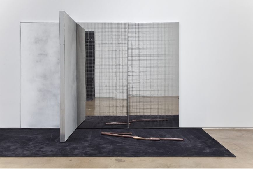 Not yet titled - T sculpture, 2015, UV curable ink on polished steel and oil on linen; aluminum artist's frame