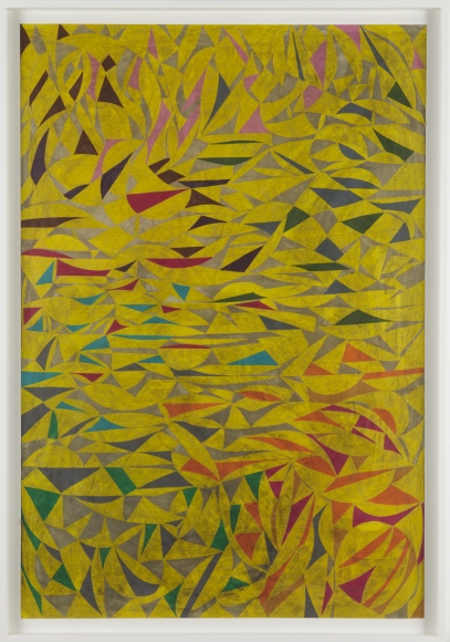 yellow painting with red, brown, and turquoise shapes by william o'brien