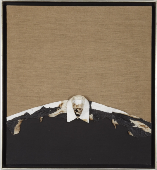 burned shirt on beige linen by jorge eielson