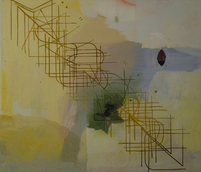 abstract painting with yellow, blue, and pink geometrics by jesse chapman