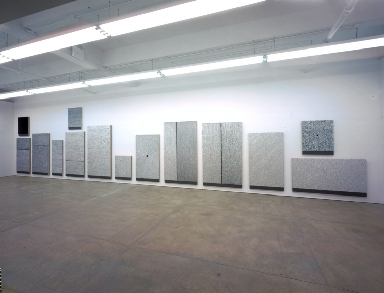 an installation view of donald moffett's painting in a contemporary art gallery in new york city