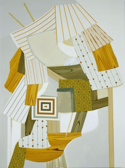 abstract painting with logs and green and brown shapes by kevin appel