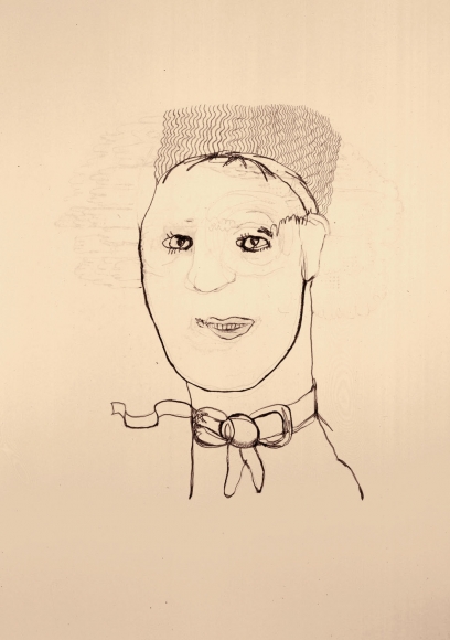 line drawing of a man with a bow around his neck by hannah van bart