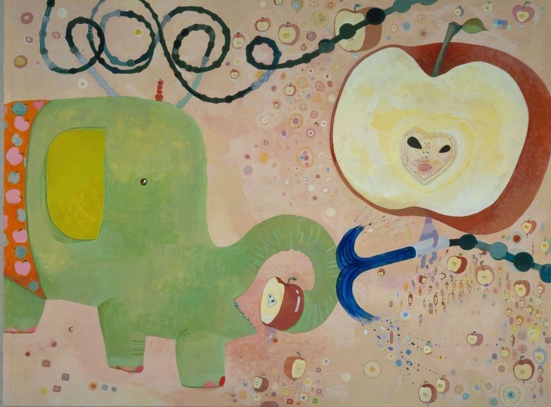 scene with elephant and anthropomorphized apple by chinatsu ban