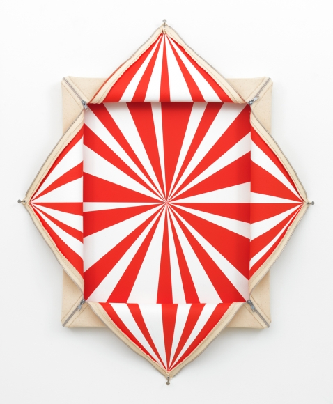 a folded painting by donald moffett with stripes for sale in a chelsea art gallery