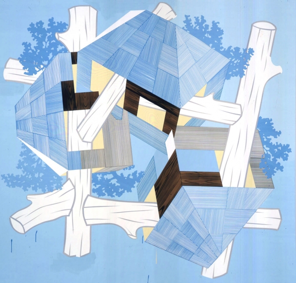 Abstraction by Kevin Appel with logs and blue and yellow geometrics