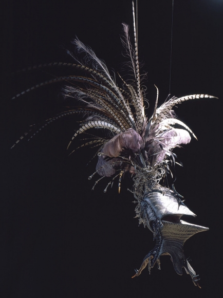 black embroidery with helmet and feathers by angelo filomeno