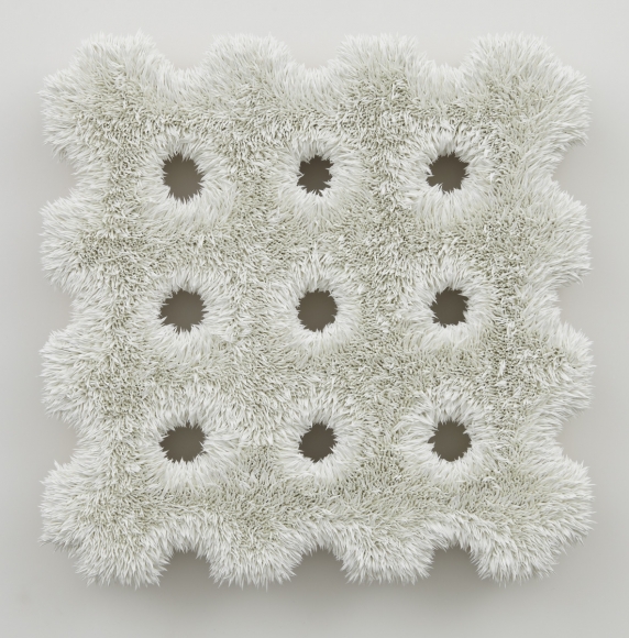 white glory hole painting by donald moffett in an exhibition in new york city