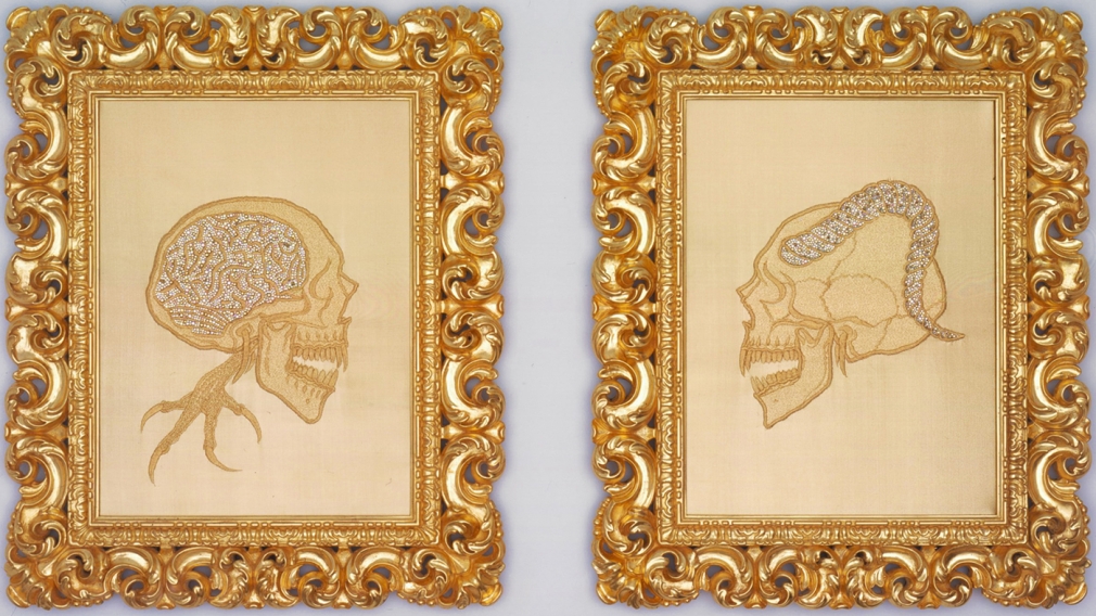 Diptych with two skeletons by Angelo Filomeno