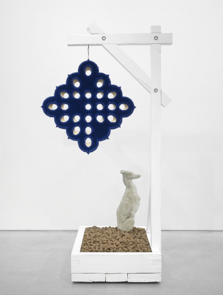 Lot 040616 (cobalt and pecans), 2016, Oil on linen with wood panel support, acrylic painted wood contraption, with hardware and pecans 