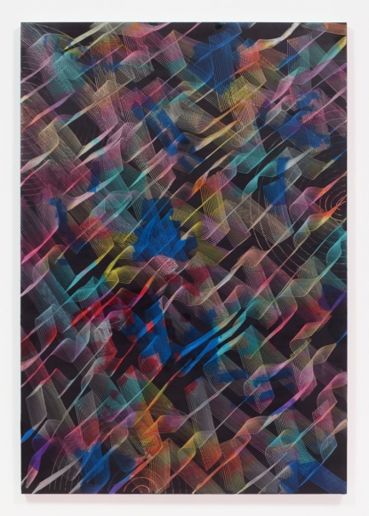 a bright colored acrylic painting by Julia Dault on view in a NEw York City art gallery
